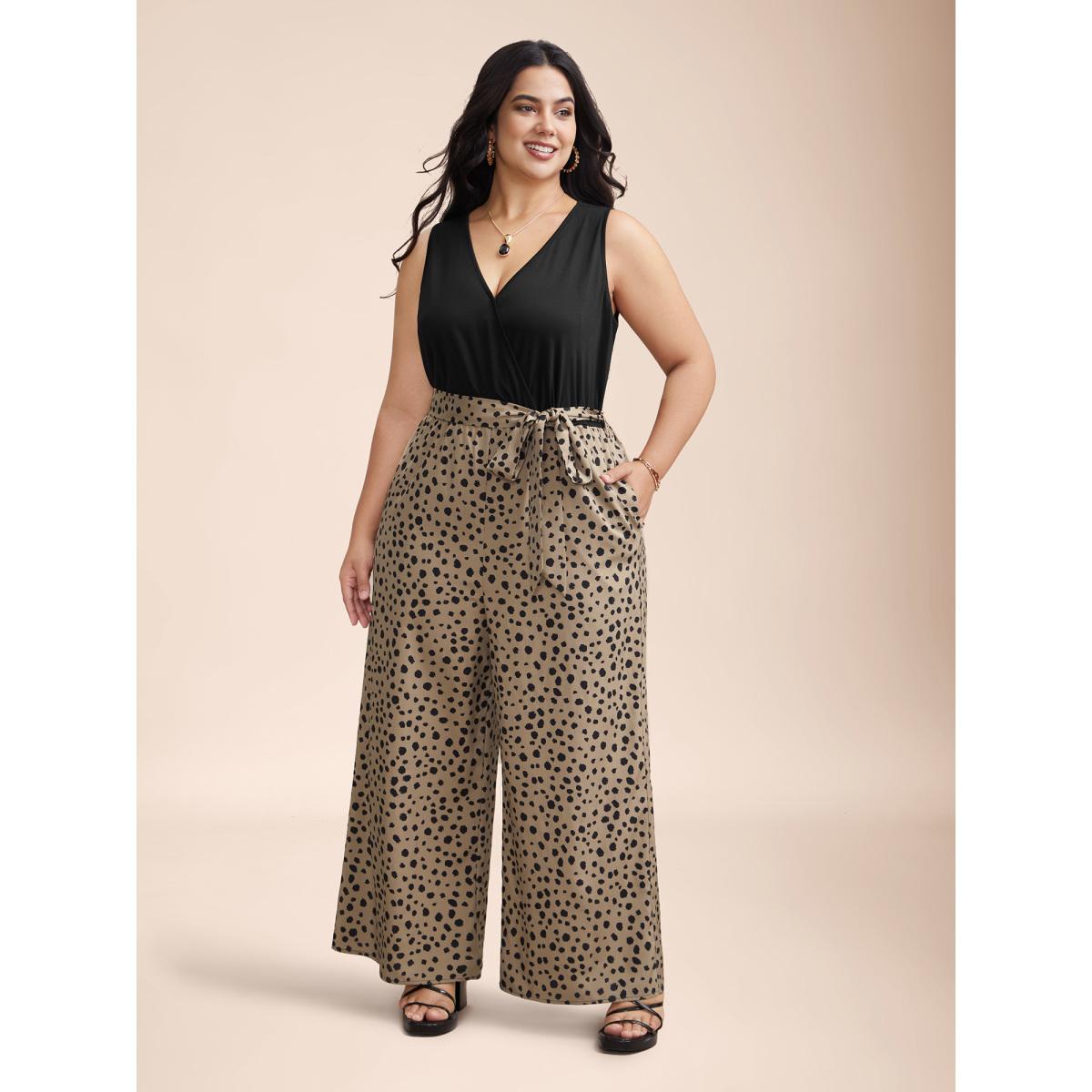 Plus Size LightBrown Spliced Belted Pockets Contrast Jumpsuit Women Elegant Sleeveless Overlap Collar Everyday-Elegant Loose Jumpsuits BloomChic 14-16/1X Product Image
