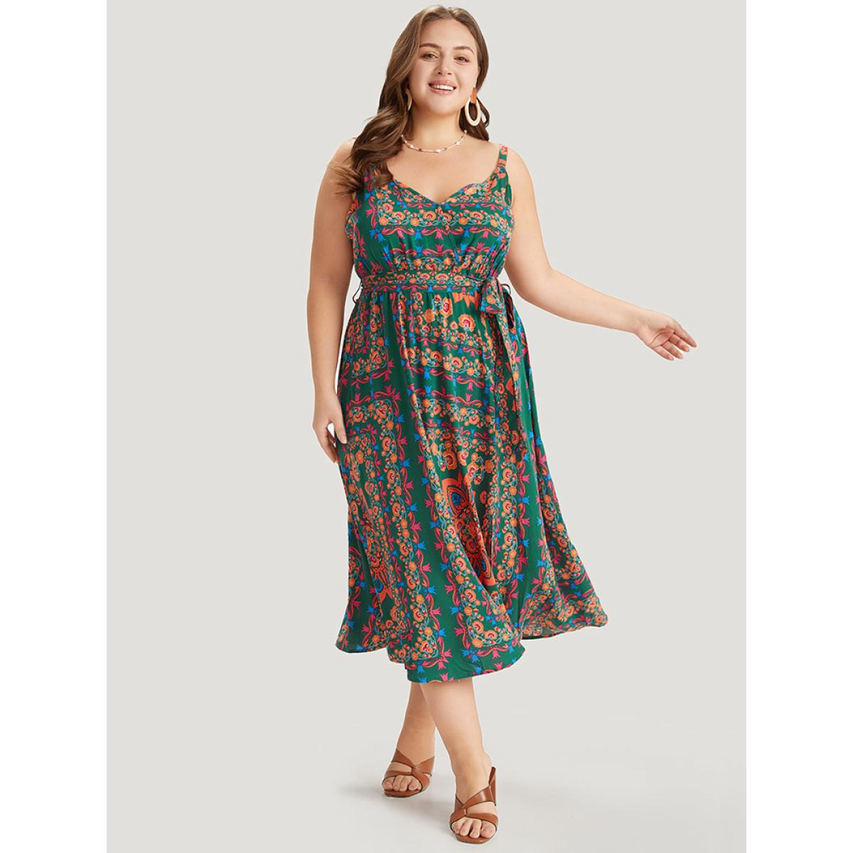 Plus Size Boho Print Belted Split Hem Pocket Cami Dress DarkGreen Women Vacation Gathered V-neck Sleeveless Curvy Midi Dress BloomChic 14-16/1X Product Image