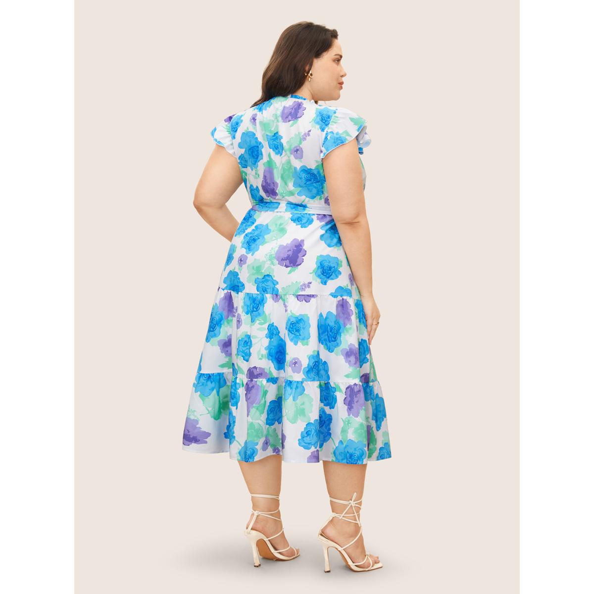 Plus Size Floral Gathered Ruffle Cap Sleeve Belted Dress White Women Elegant Belted Round Neck Cap Sleeve Curvy BloomChic 18-20/2X Product Image