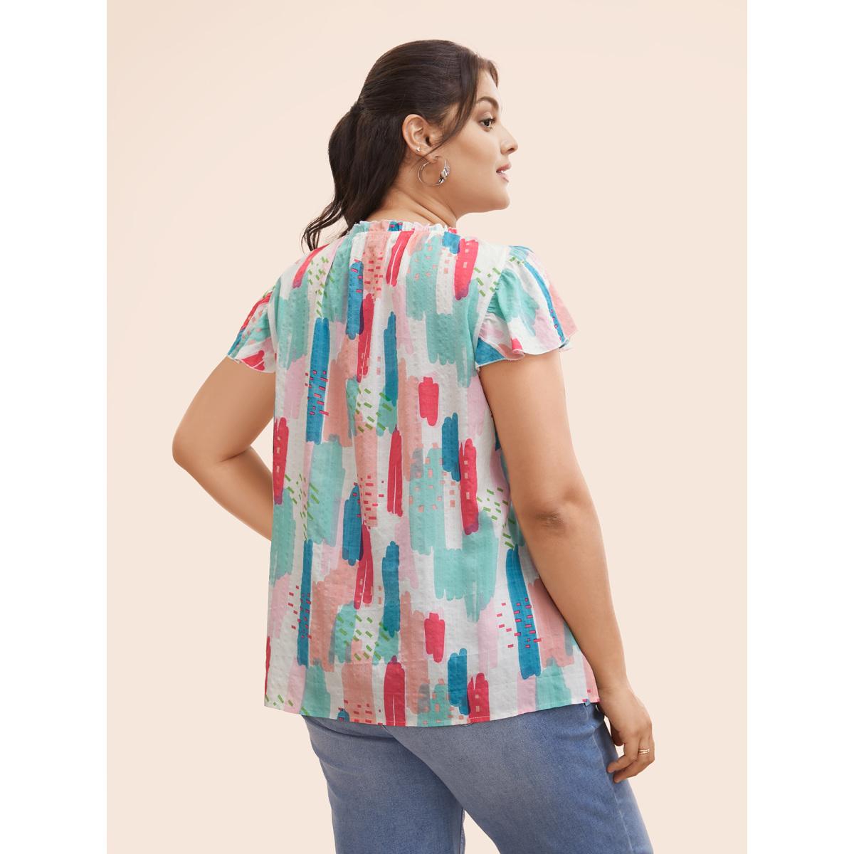 Plus Size Originalwhite Brush Print Split Side Cap Sleeve Blouse Women Elegant Cap Sleeve Stand-up collar Everyday Blouses BloomChic 18-20/2X Product Image