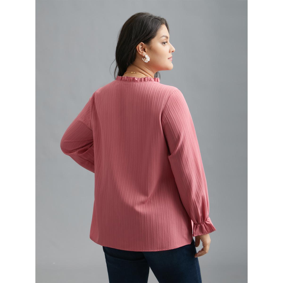 Plus Size DustyPink V Neck Frill Trim Textured Blouse Women Elegant Extra Long Sleeve V-neck Everyday Blouses BloomChic 30/6X Product Image