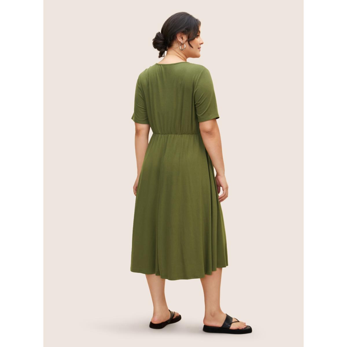 Plus Size Notched Solid Button Detail Midi Dress ArmyGreen Women Basics Button Flat collar with V-notch Short sleeve Curvy BloomChic 10/M Product Image