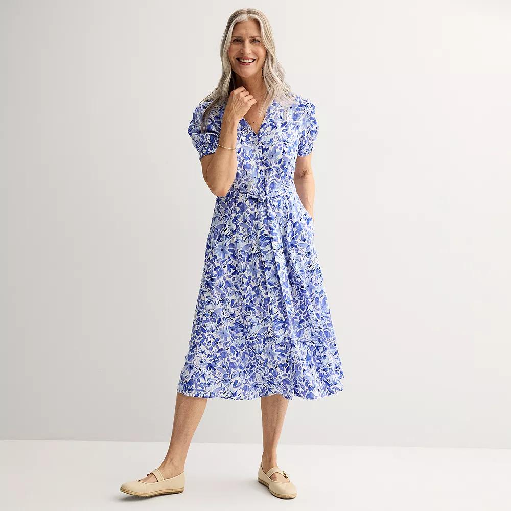 Women's Croft & Barrow® Button Front V-Neck Midi Dress, Size: Small, Blue Posy Floral Product Image