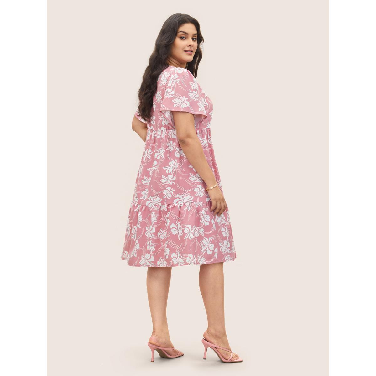 Plus Size Silhouette Floral Print Notched Collar Pleated Dress Crepe Women Elegant Non Notched collar Short sleeve Curvy Midi Dress BloomChic 14-16/1X Product Image