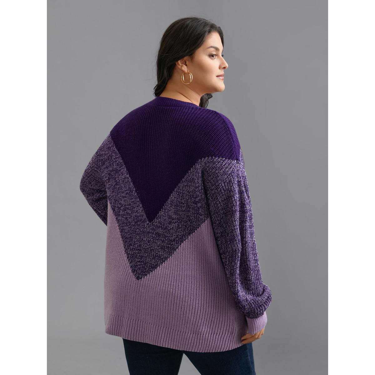 Plus Size Textured Balloon Sleeves Color Block Pullover Deeppurple Women Casual Loose Long Sleeve Round Neck Everyday Pullovers BloomChic 18-20/2X Product Image