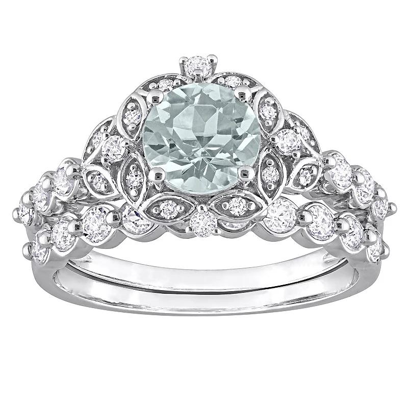 Stella Grace 10k White Gold Aquamarine, White Topaz & Diamond Accent Vintage Engagement Ring Set, Women's,  Product Image
