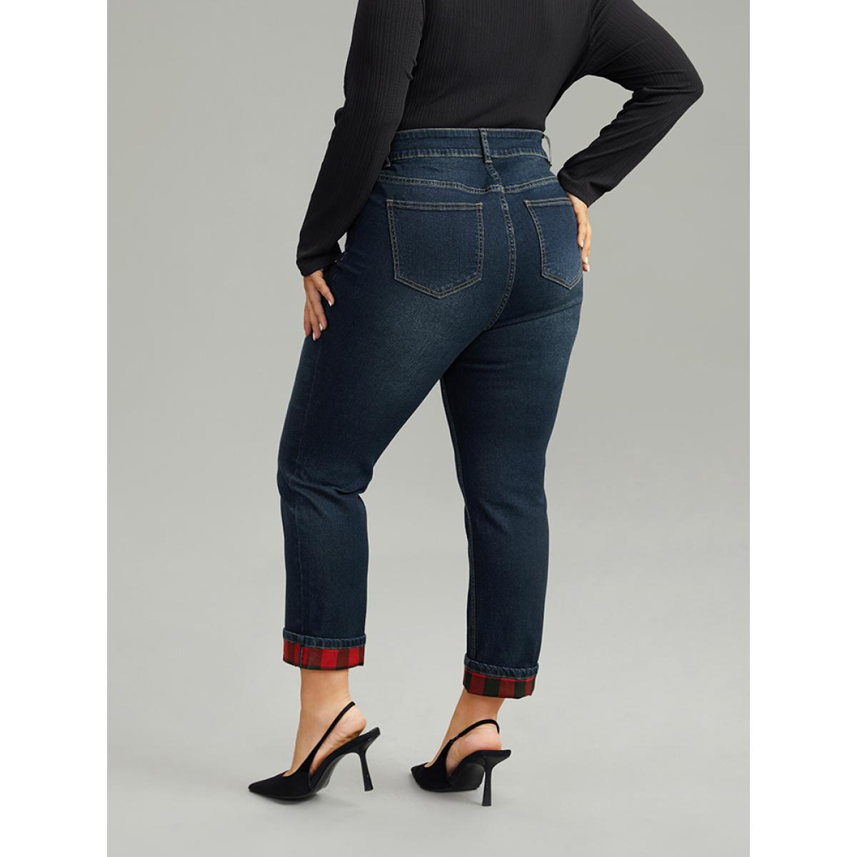 Plus Size Plaid Roll Hem Straight Leg Jeans Women Midnight Casual Plaid Roll Hem High stretch Pocket Jeans BloomChic 24/3X Product Image