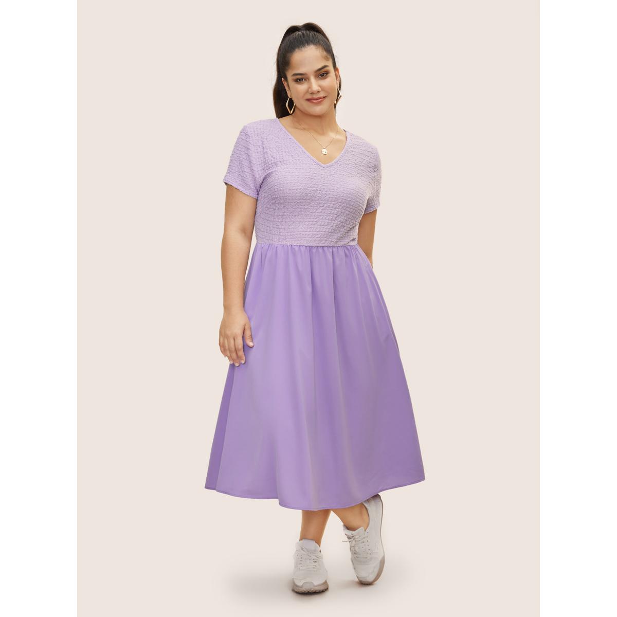 Plus Size V Neck Solid Textured Patchwork Midi Dress Lilac Women Casual Texture V-neck Short sleeve Curvy BloomChic 22-24/3X Product Image