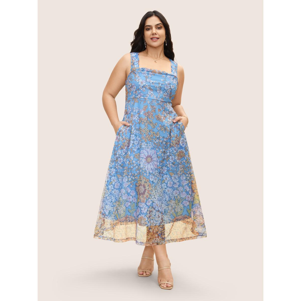 Plus Size Square Neck Floral Mesh Tank Dress Multicolor Women Elegant Gathered Square Neck Sleeveless Curvy BloomChic 10/M Product Image