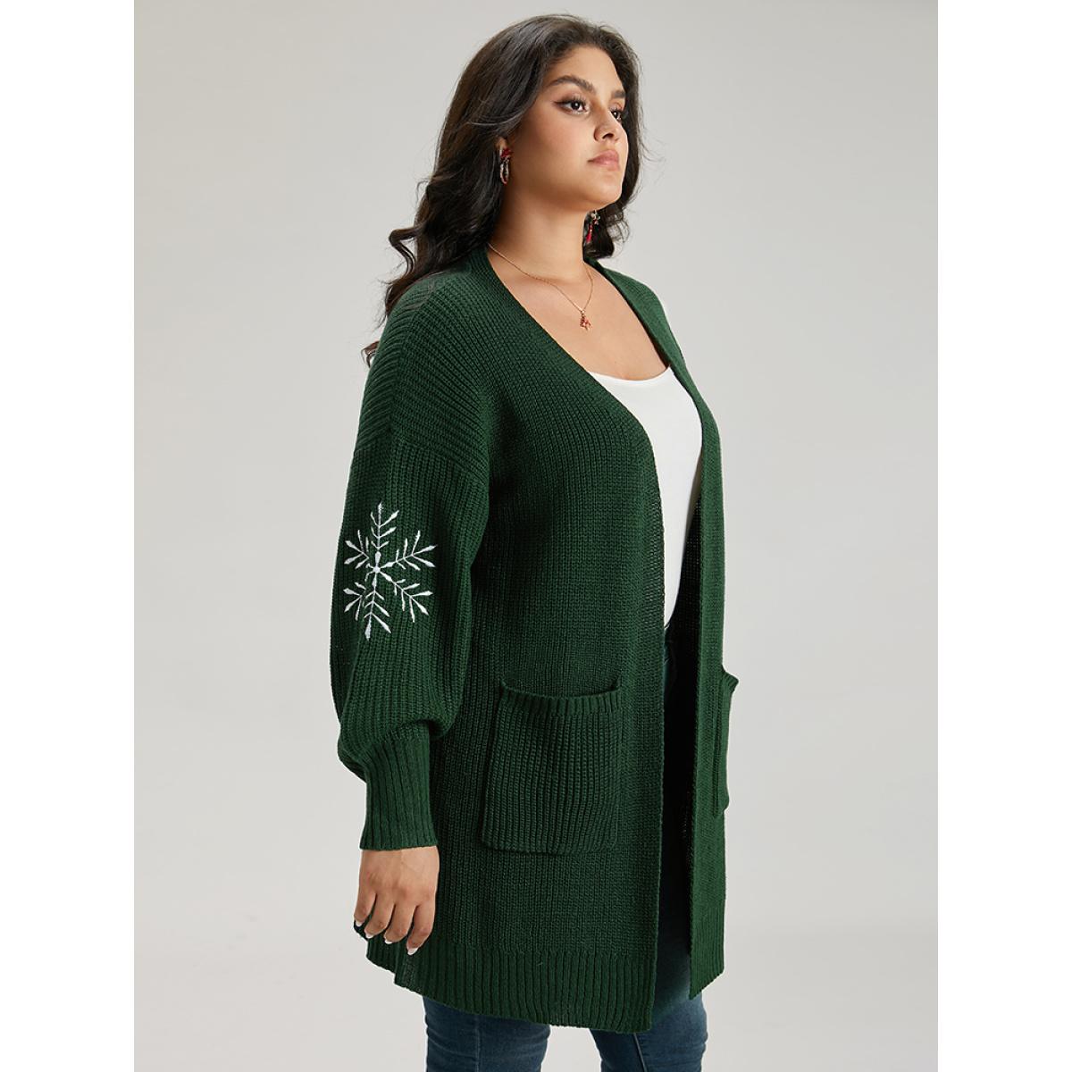Plus Size Snowflake Embroidered Patched Pocket Cardigan DarkGreen Women Casual Loose Long Sleeve Festival-Christmas Cardigans BloomChic 22-24/3X Product Image