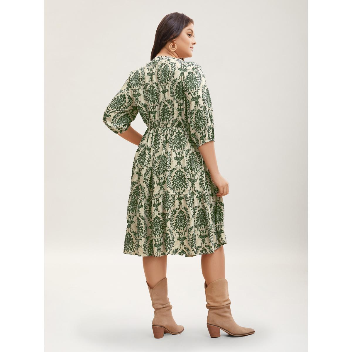 Plus Size Damask Print Tie Knot Puff Sleeve Dress DarkBlue Women Resort Tie knot V-neck Elbow-length sleeve Curvy BloomChic 22-24/3X Product Image