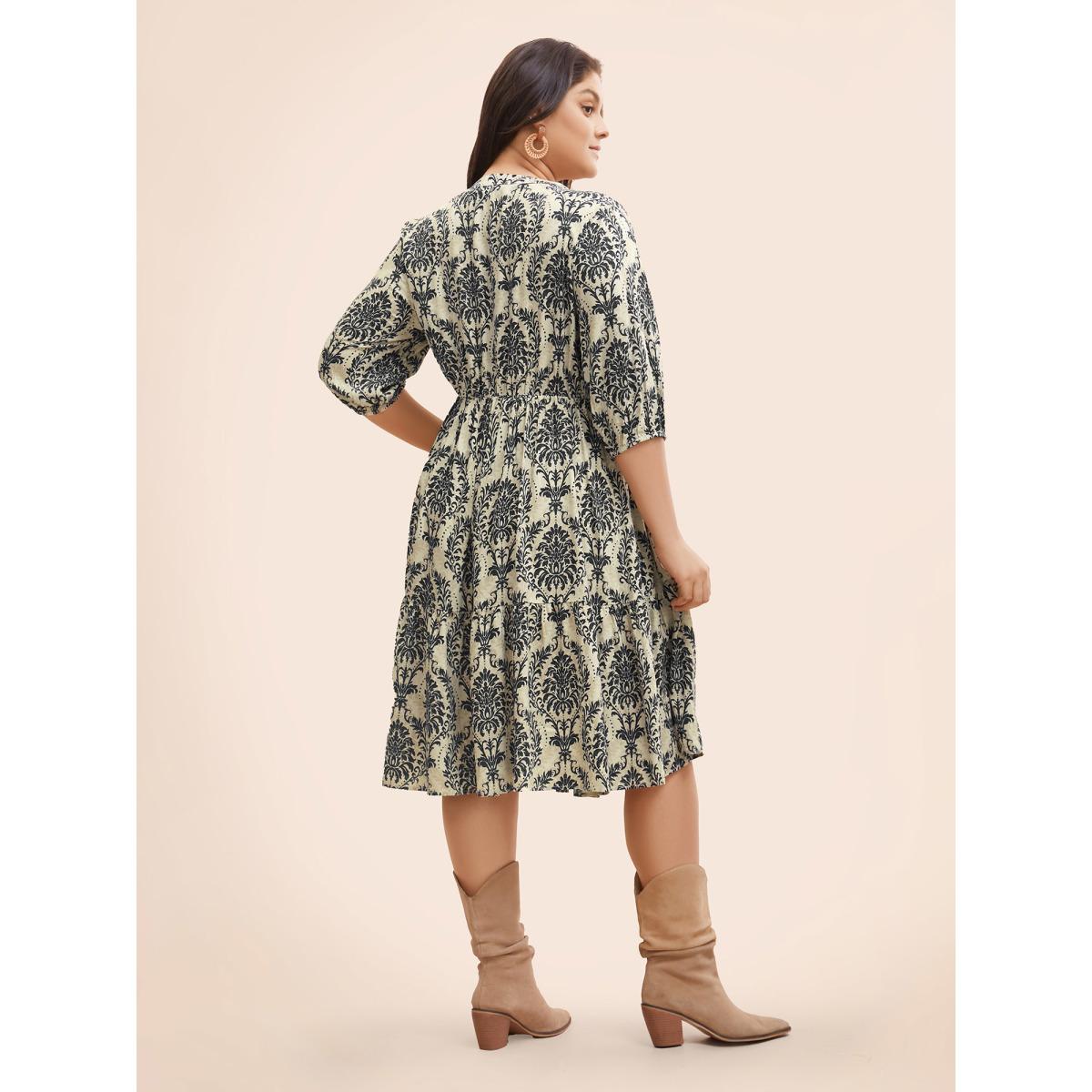 Plus Size Damask Print Tie Knot Puff Sleeve Dress Black Women Resort Tie knot V-neck Elbow-length sleeve Curvy BloomChic 28/5X Product Image