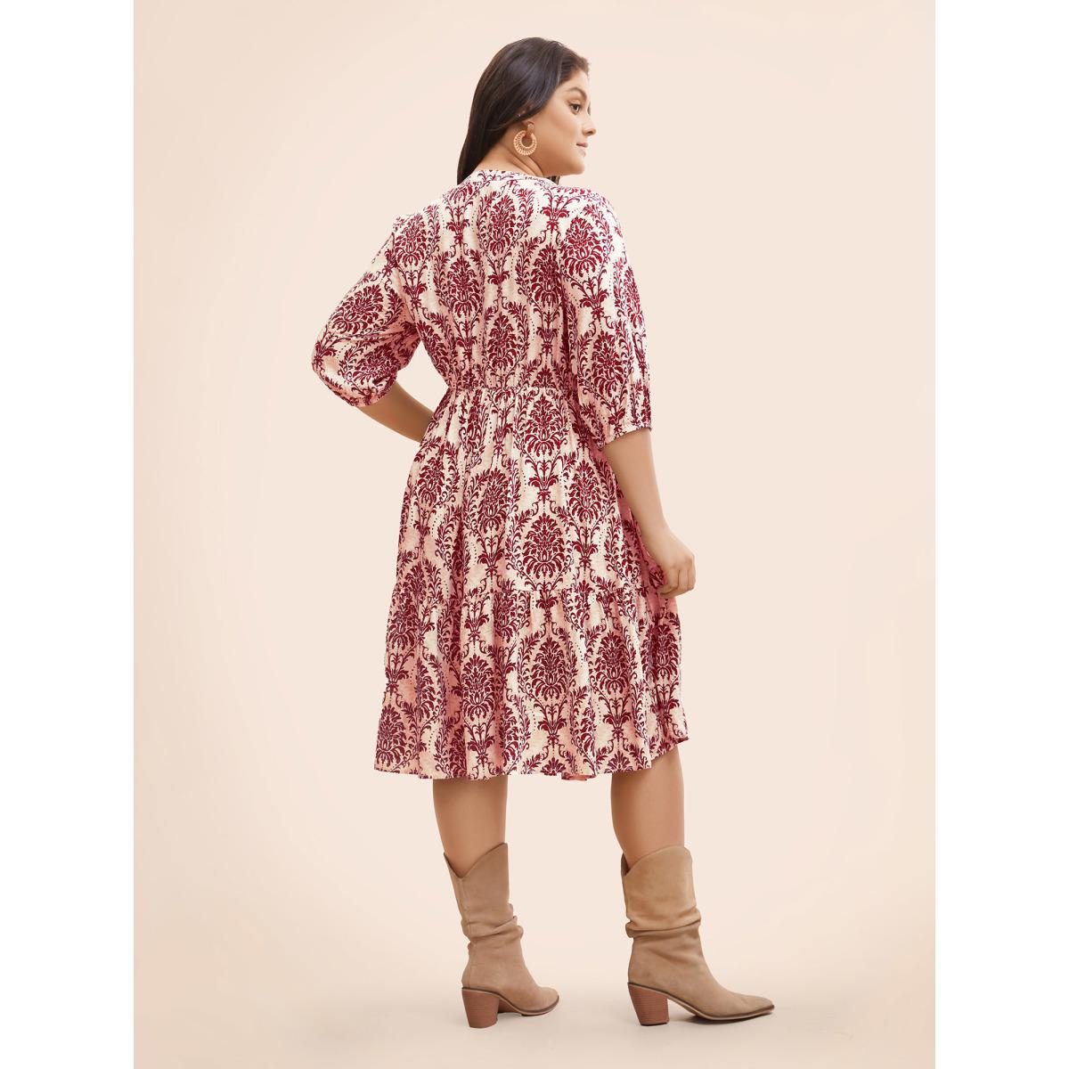Plus Size Damask Print Tie Knot Puff Sleeve Dress Rust Women Resort Tie knot V-neck Elbow-length sleeve Curvy BloomChic 28/5X Product Image