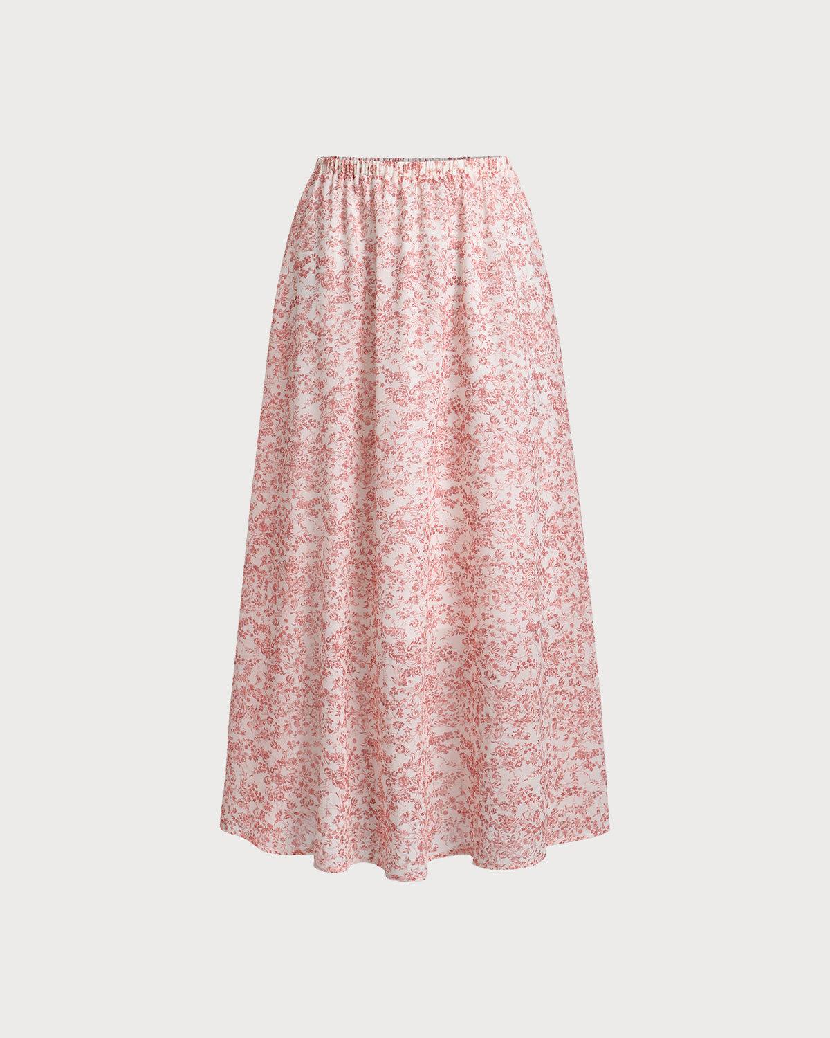 Pink Floral Elastic Waist Flared Skirt Product Image