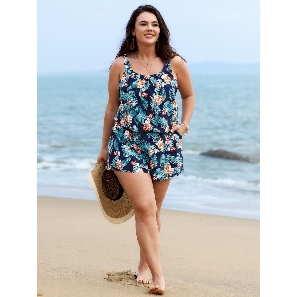 Plus Size Tropical Flower Print Pockets One-Piece Swimsuit Women's Swimwear Indigo Resort Gathered Curve Bathing Suits High stretch One Pieces BloomChic 22-24/3X Product Image