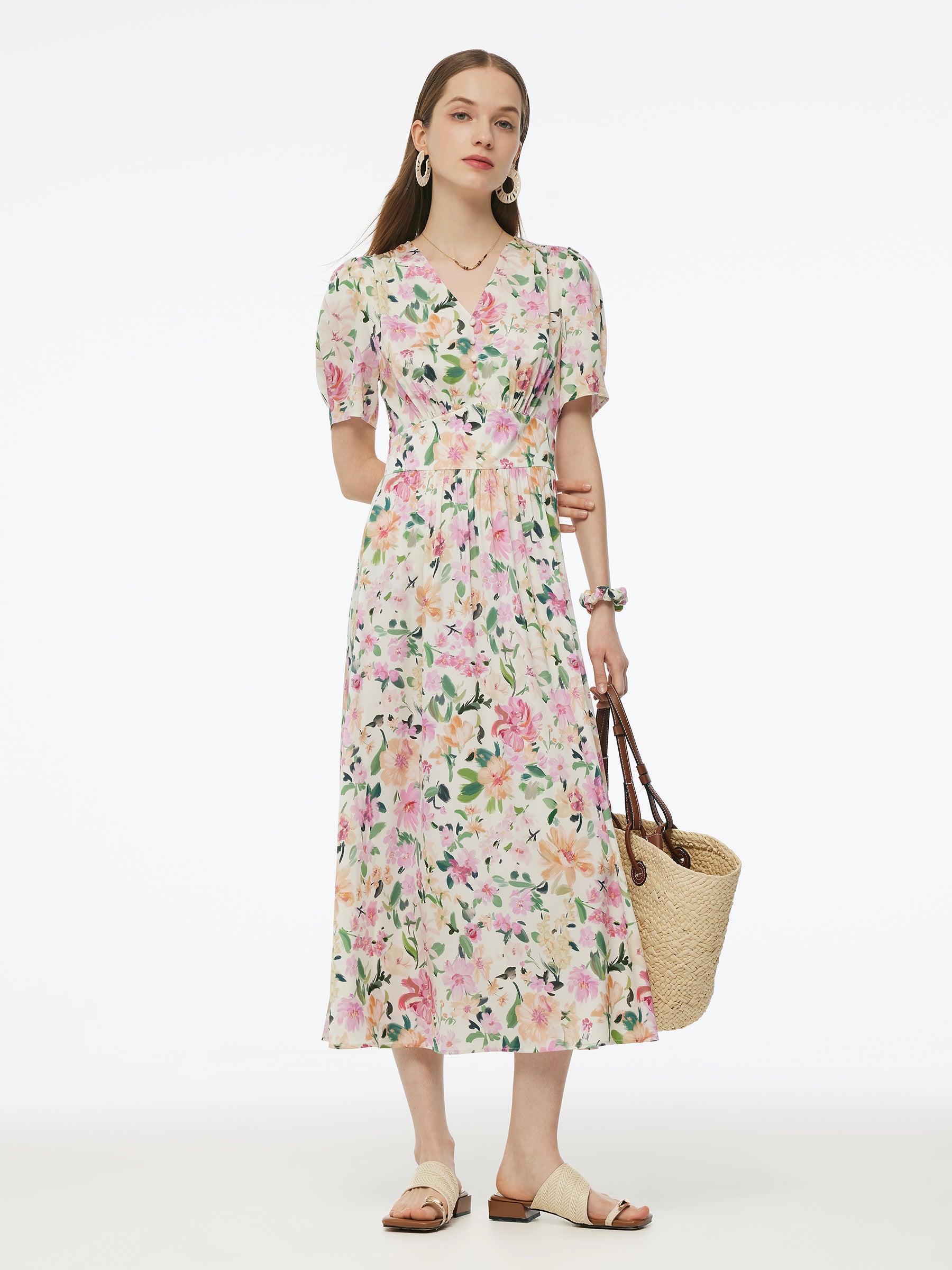19MM Mulberry Silk Floral Print V-Neck Women Maxi Dress Product Image