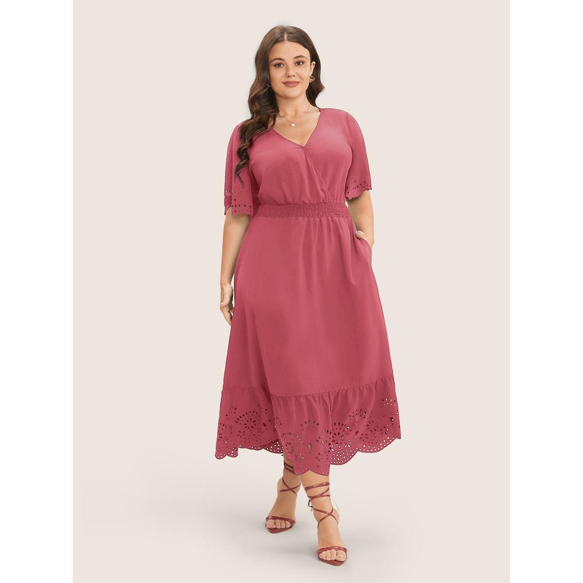 Plus Size Solid Laser Cut Shirred Pocket Wrap Scalloped Trim Flutter Dress DustyPink Women Elegant Non V-neck Short sleeve Curvy Midi Dress BloomChic 28/5X Product Image
