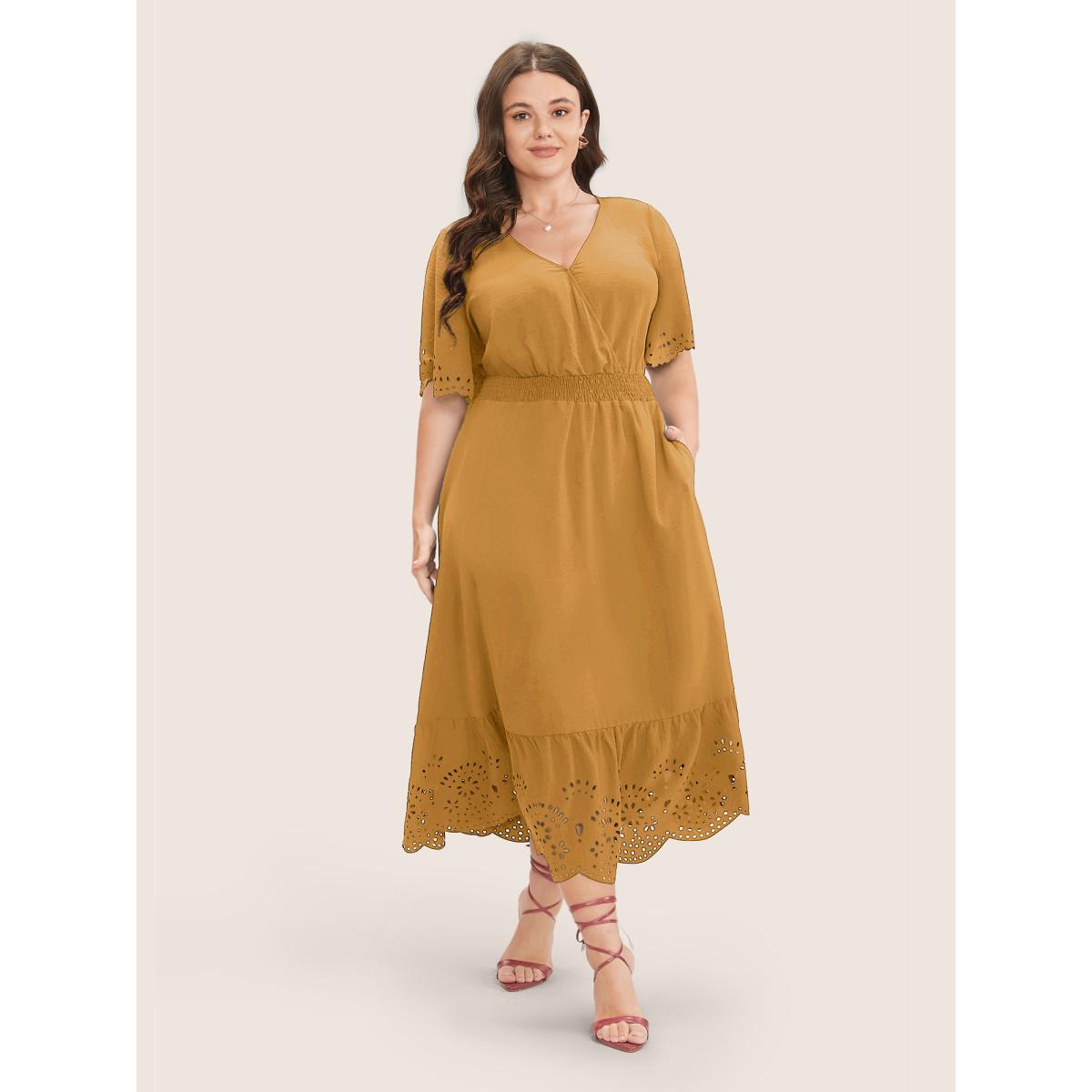 Plus Size Solid Laser Cut Shirred Pocket Wrap Scalloped Trim Flutter Dress Yellow Women Elegant Non V-neck Short sleeve Curvy Midi Dress BloomChic 12/L Product Image
