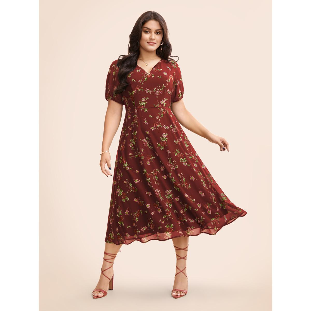 Plus Size Floral Notched Chiffon Mesh Midi Dress Burgundy Women Timeless See through Notched collar Short sleeve Curvy BloomChic 14-16/1X Product Image