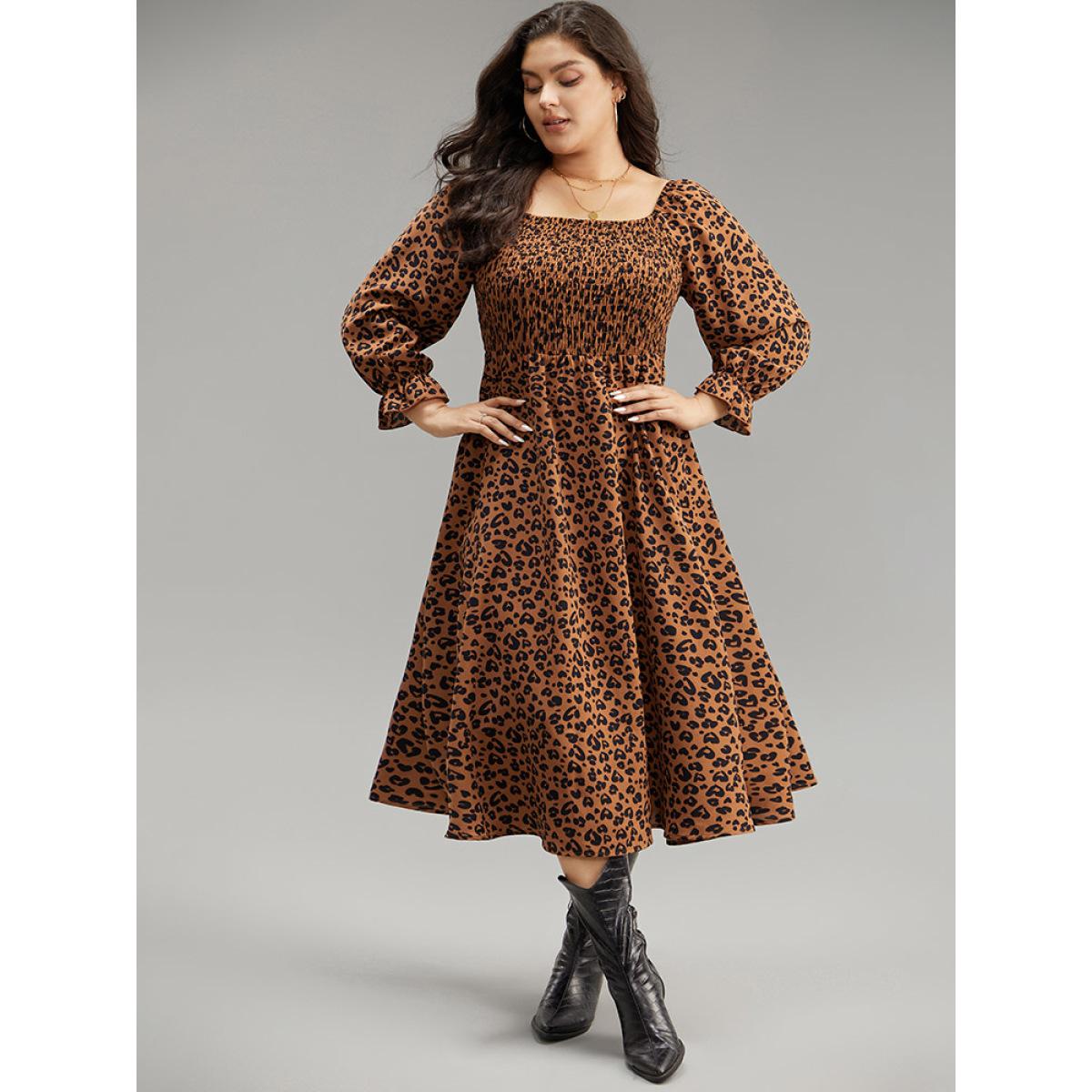 Plus Size Leopard Print Shirred Square Neck Pocket Dress Rust Women Casual Printed Square Neck Long Sleeve Curvy Midi Dress BloomChic 12/L Product Image