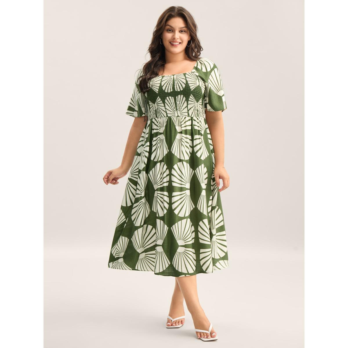 Plus Size Geometric Print Square Neck Cinched Midi Dress Moss Women Square Neck Short sleeve Curvy BloomChic 30/6X Product Image
