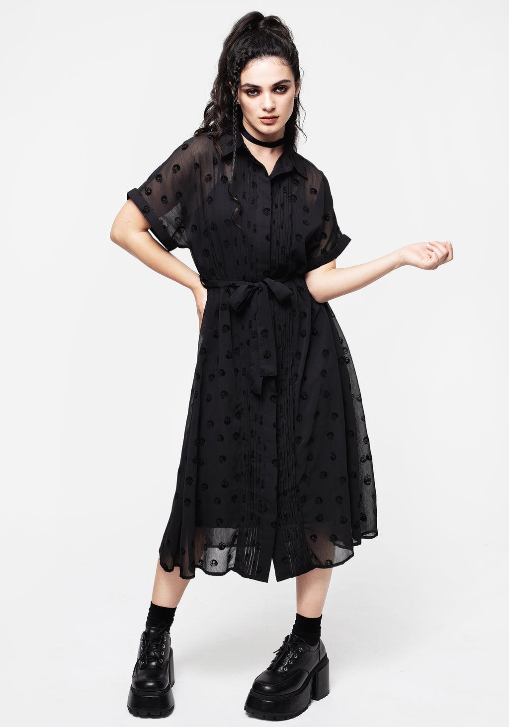 Bones Flocked Pintuck Chiffon Midi Shirt Dress Product Image