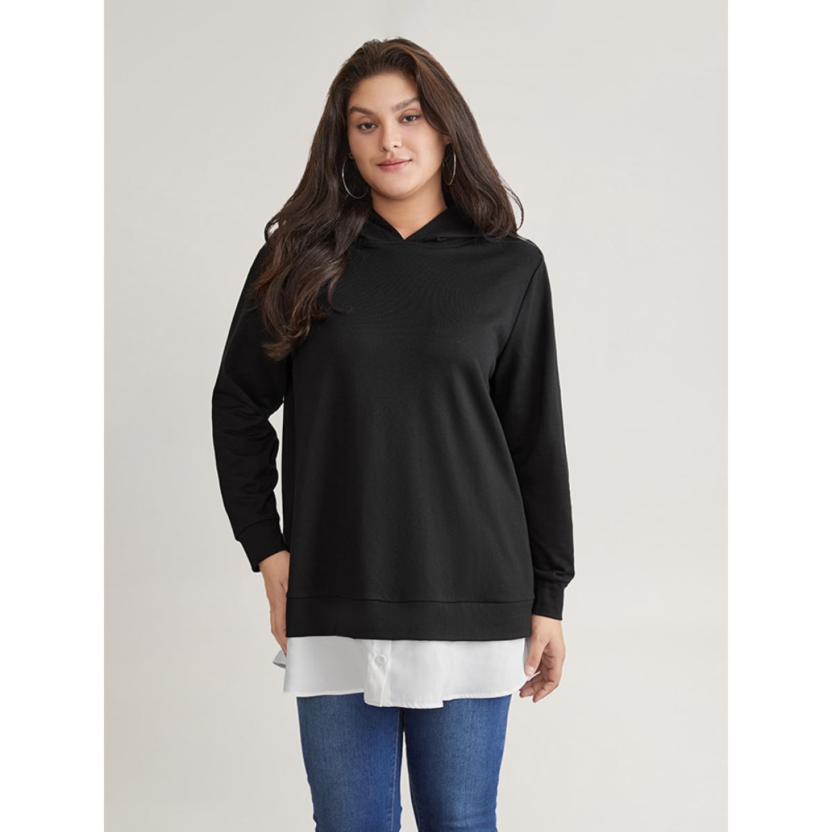 Plus Size 2-In-1 Patchwork Contrast Hooded Sweatshirt Women Black Casual Contrast Hooded Dailywear Sweatshirts BloomChic 22-24/3X Product Image