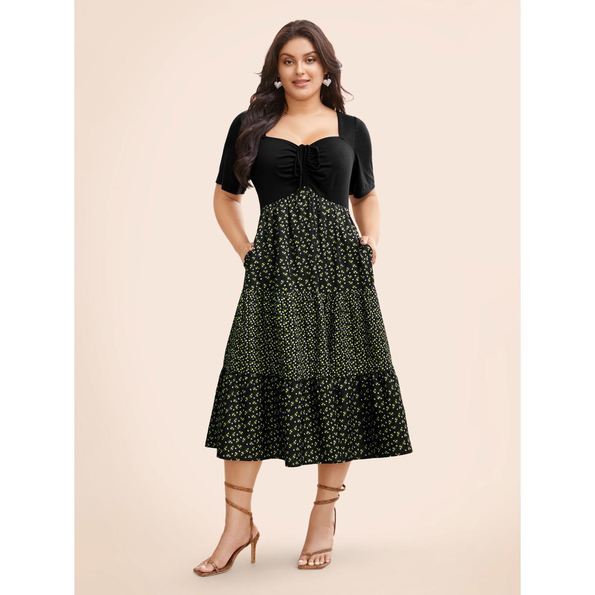 Plus Size Ditsy Floral Patchwork Ruffle Layered Hem Dress Black Women Elegant Patchwork Heart neckline Short sleeve Curvy BloomChic 10/M Product Image