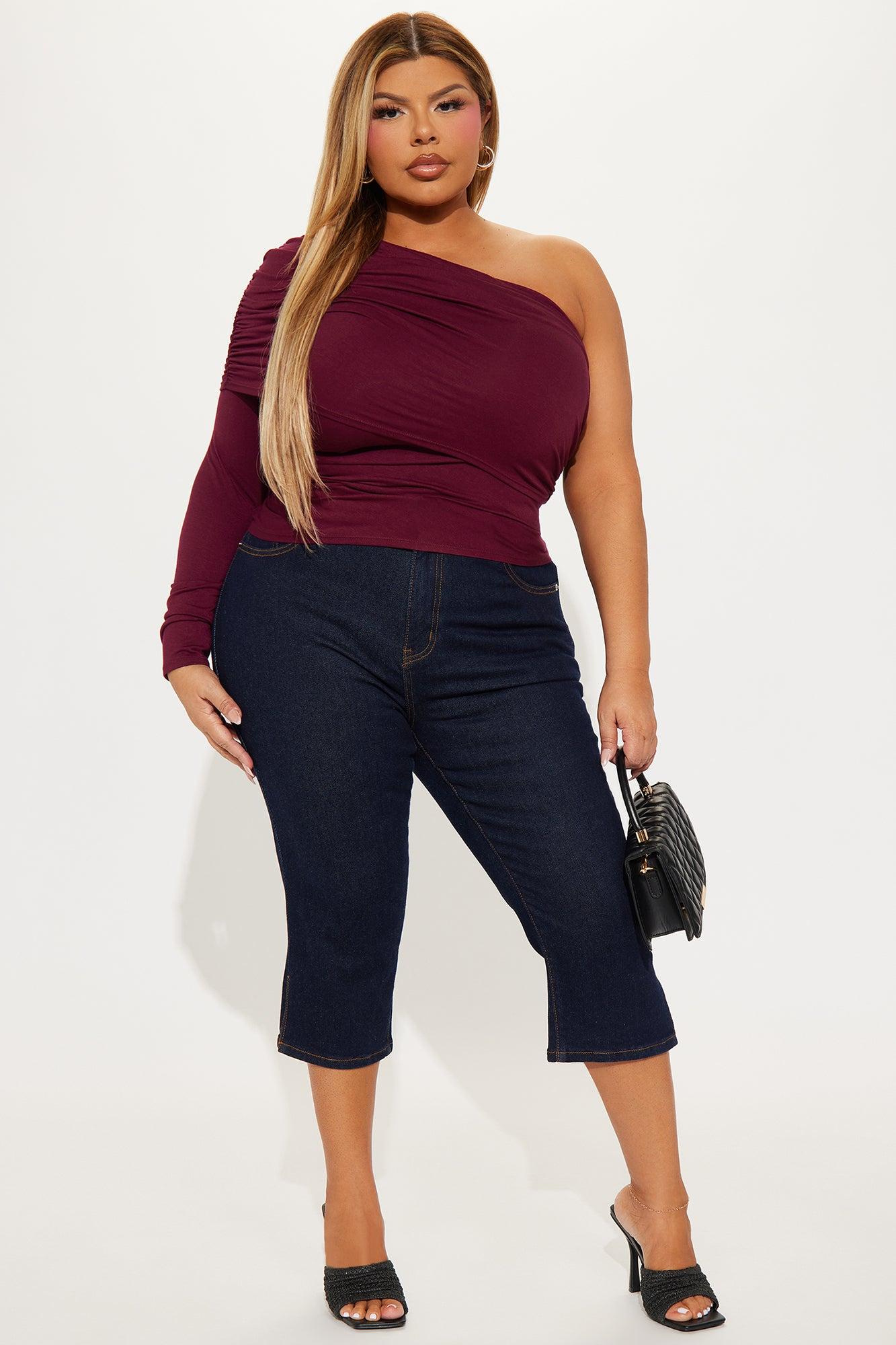 Venus Ruched Long Sleeve One Shoulder Top - Burgundy Product Image