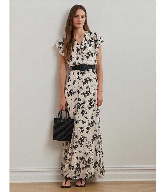 Lauren Ralph Lauren Crinkle Georgette Floral Print V-Neck Cap Sleeve Maxi A-Line Dress Product Image