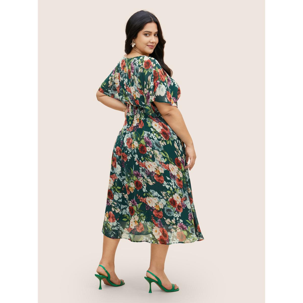 Plus Size V Neck Chiffon Floral Dolman Sleeve Dress Emerald Women Elegant V-neck Short sleeve Curvy BloomChic 18-20/2X Product Image