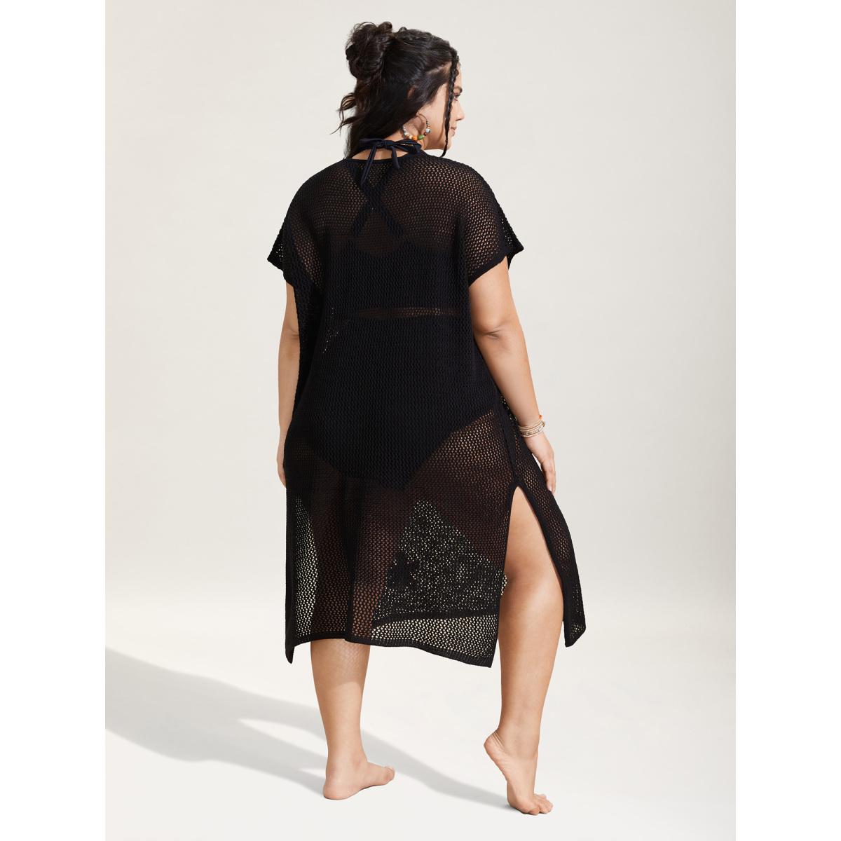Plus Size Stereo Flower Design Slit Hem Swim Cover Up Women's Swimwear Black Resort Loose Crochet Curve Swim Cover Ups BloomChic 22-24/3X Product Image