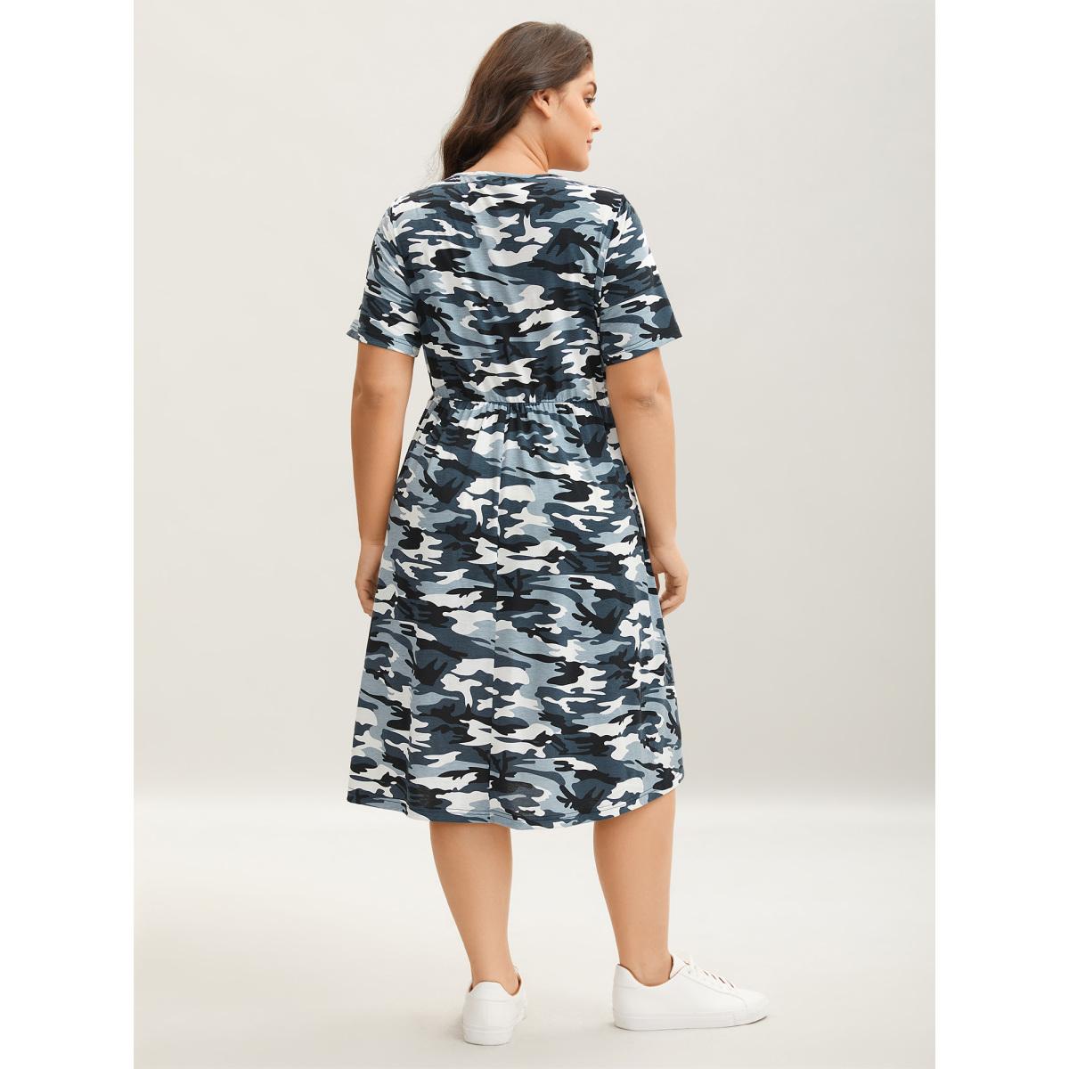 Plus Size Camouflage Print Round Neck Pockets Midi Dress Stone Women Casual Tie knot Knit Dresses Bloomchic 10/M Product Image