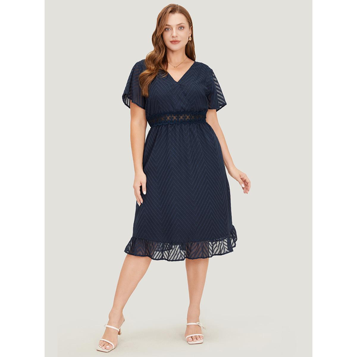 Plus Size Plain Geometric Pocket Wrap Mesh Lace Insert Ruffle Dress Indigo Women Elegant Lined V-neck Short sleeve Curvy Knee Dress BloomChic 30/6X Product Image
