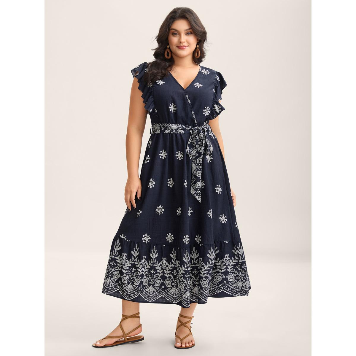 Plus Size Rayon Stretchy Waist Pockets Flutter Midi Dress Indigo Women Boho Overlap Collar Cap Sleeve Curvy BloomChic 22-24/3X Product Image