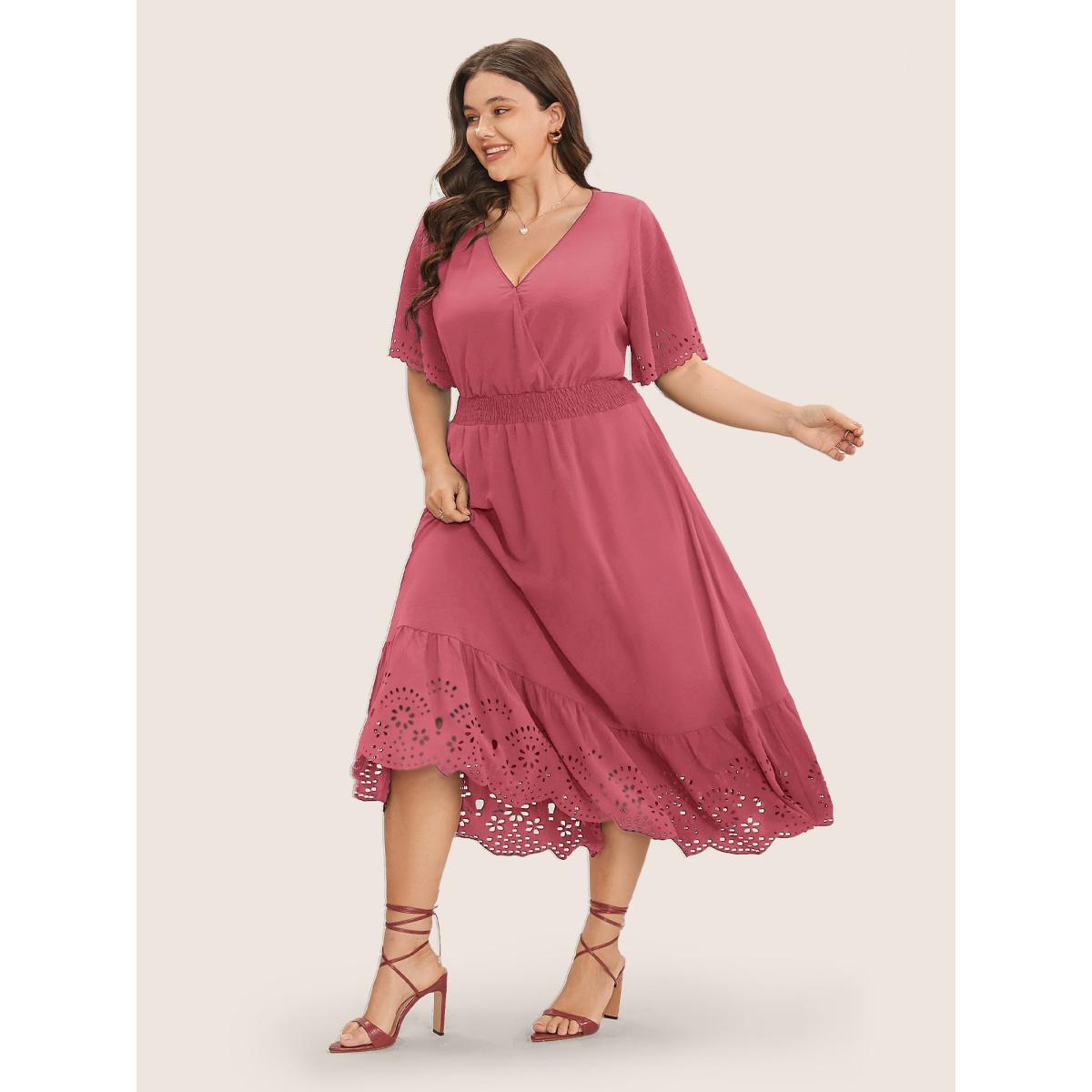Plus Size Solid Laser Cut Shirred Pocket Wrap Scalloped Trim Flutter Dress DustyPink Women Elegant Non V-neck Short sleeve Curvy Midi Dress BloomChic 28/5X Product Image