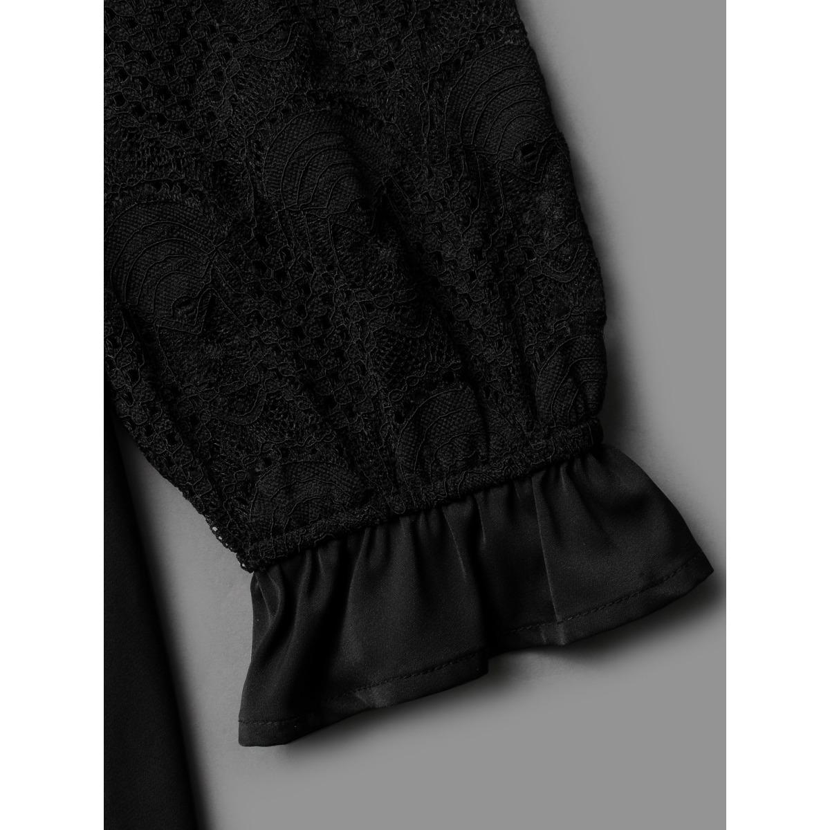 Plus Size V Neck Lace Patchwork Midi Dress Black Women Elegant Woven ribbon&lace trim V-neck Long Sleeve Curvy BloomChic 14-16/1X Product Image