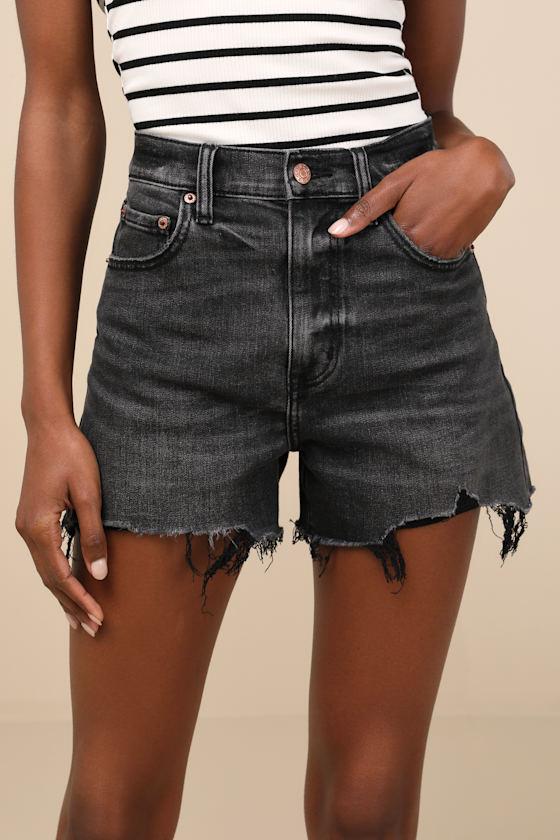 The Knockout Washed Black Raw Hem Denim Shorts Product Image