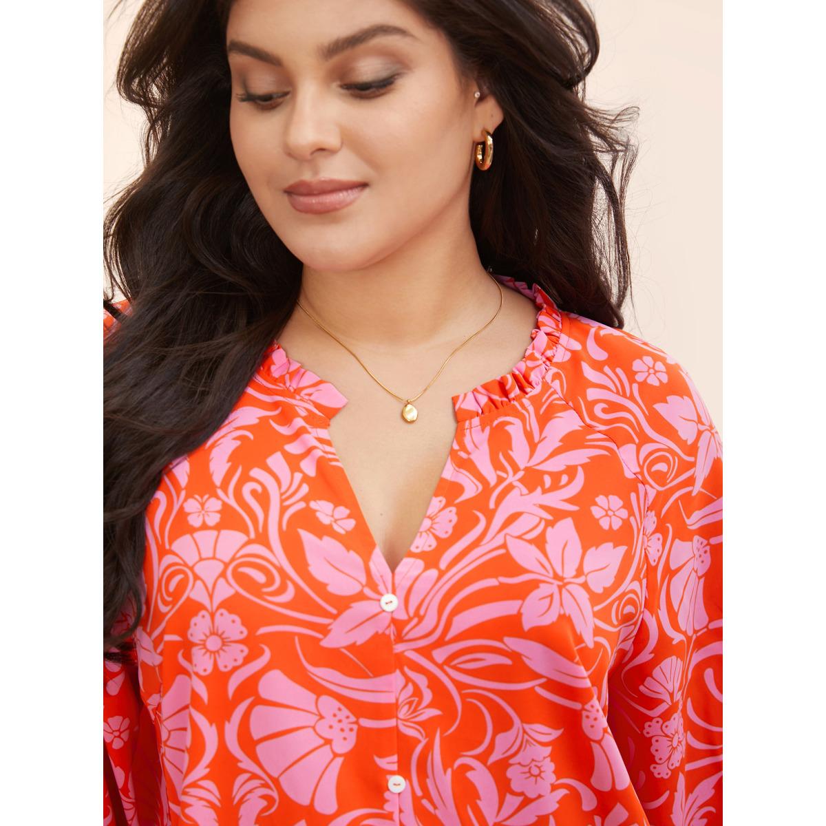 Plus Size Rosered Floral Shirred Frill Trim Lantern Sleeve Blouse Women Elegant Long Sleeve V-neck Everyday Blouses BloomChic 26/4X Product Image