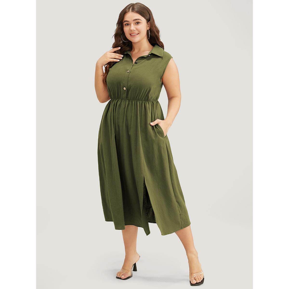 Plus Size Solid Shirt Collar Sleeveless Pocket Button Up Split Hem Dress ArmyGreen Women Office Button Shirt collar Sleeveless Curvy Midi Dress BloomChic 30/6X Product Image
