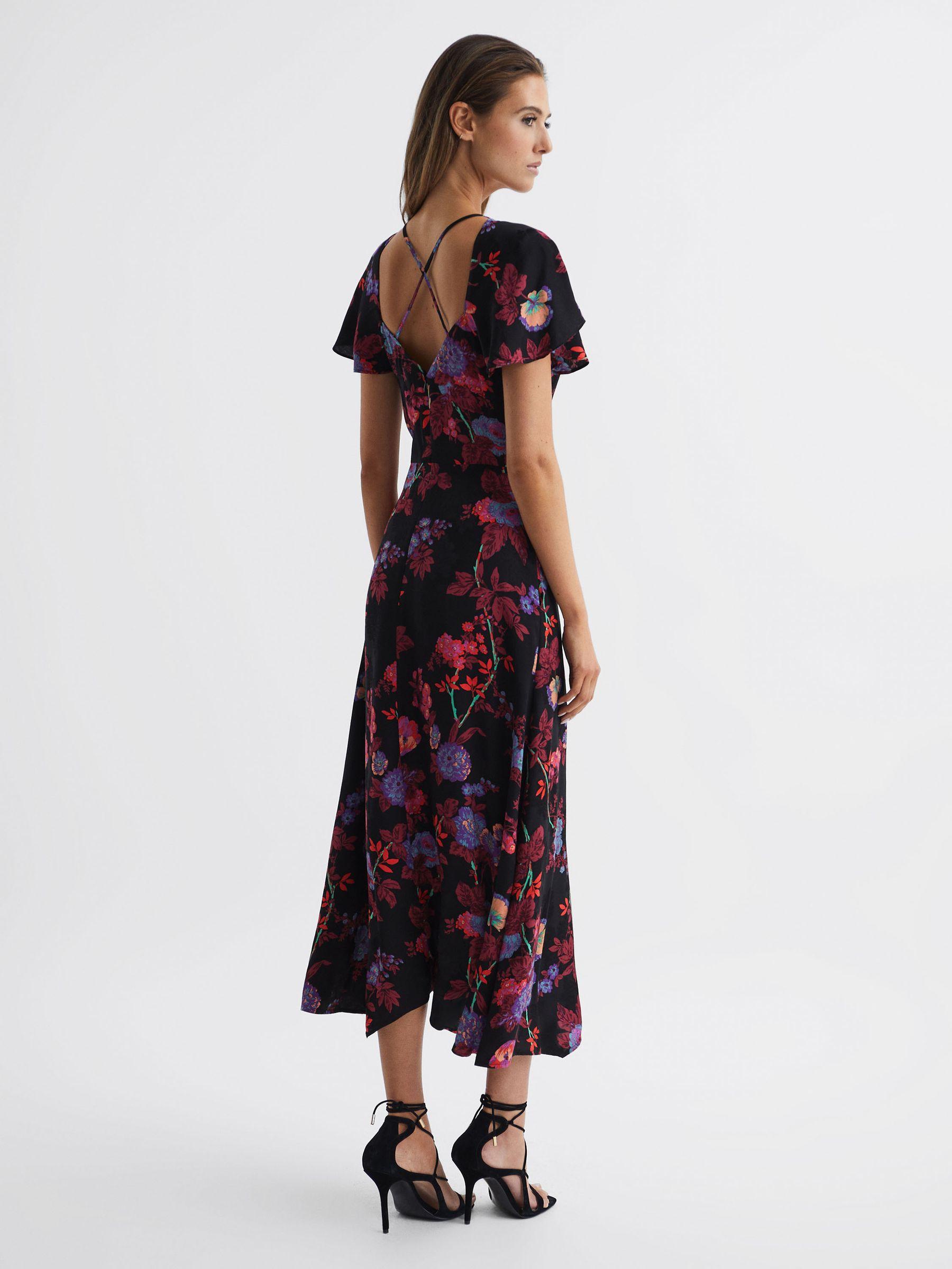 Fitted Floral Print Midi Dress in Black/Pink Product Image
