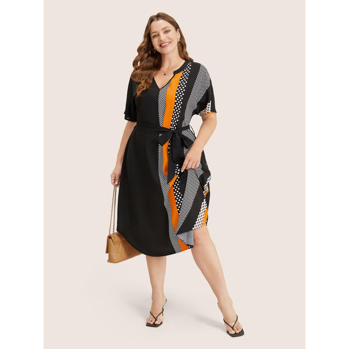 Plus Size Striped Patchwork Arc Hem Pocket Batwing Sleeve Belt Dress Black Women Resort Non Notched collar Short sleeve Curvy Midi Dress BloomChic 14-16/1X Product Image
