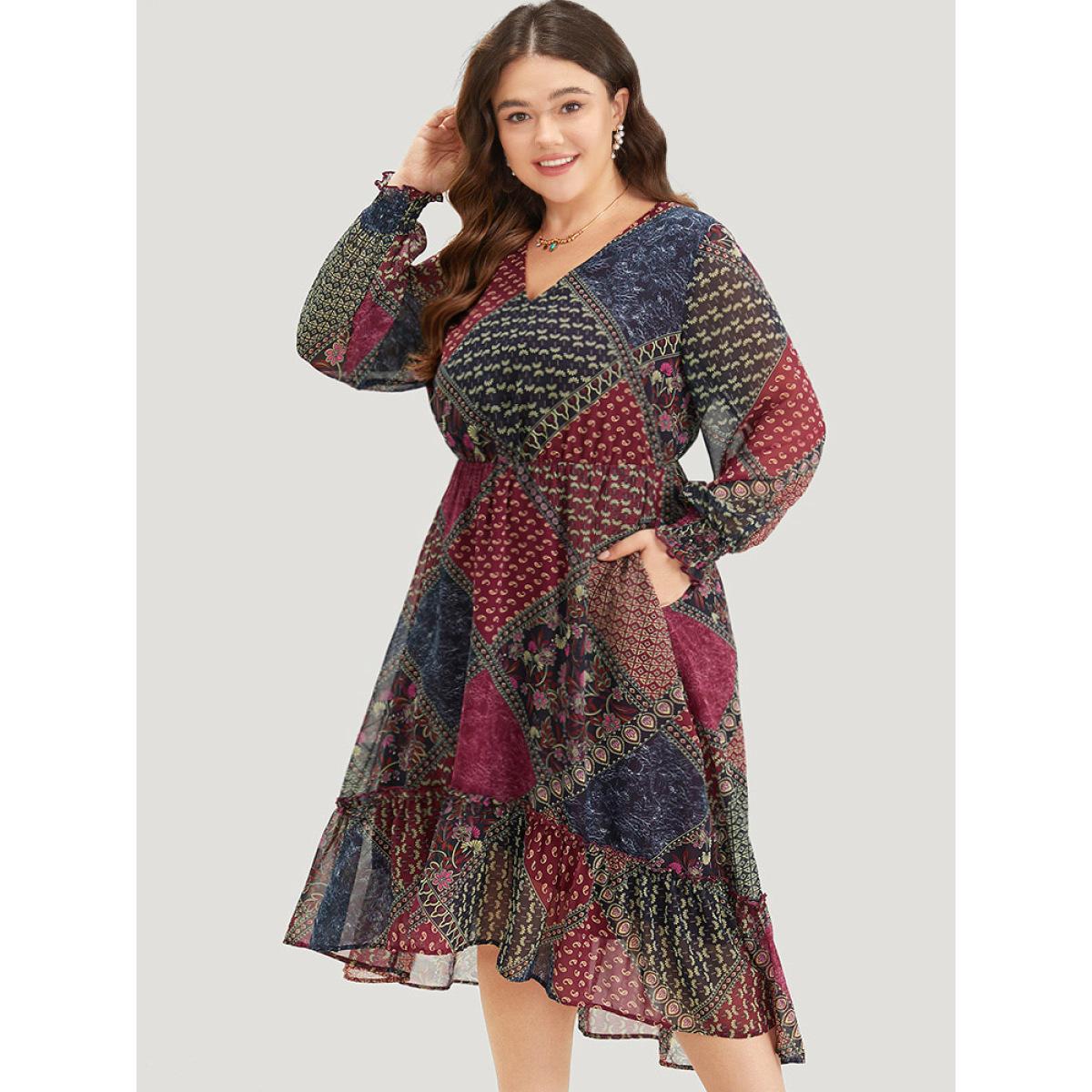 Plus Size Bandana Print Shirred Flutter Hem Dress Multicolor Women Vacation Elastic cuffs V-neck Long Sleeve Curvy Midi Dress BloomChic 18-20/2X Product Image