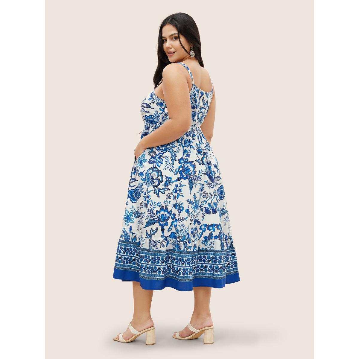 Plus Size Boho Print Tie Knot Shirred Cami Dress Blue Women Resort Tie knot Non Sleeveless Curvy Midi Dress BloomChic 14-16/1X Product Image