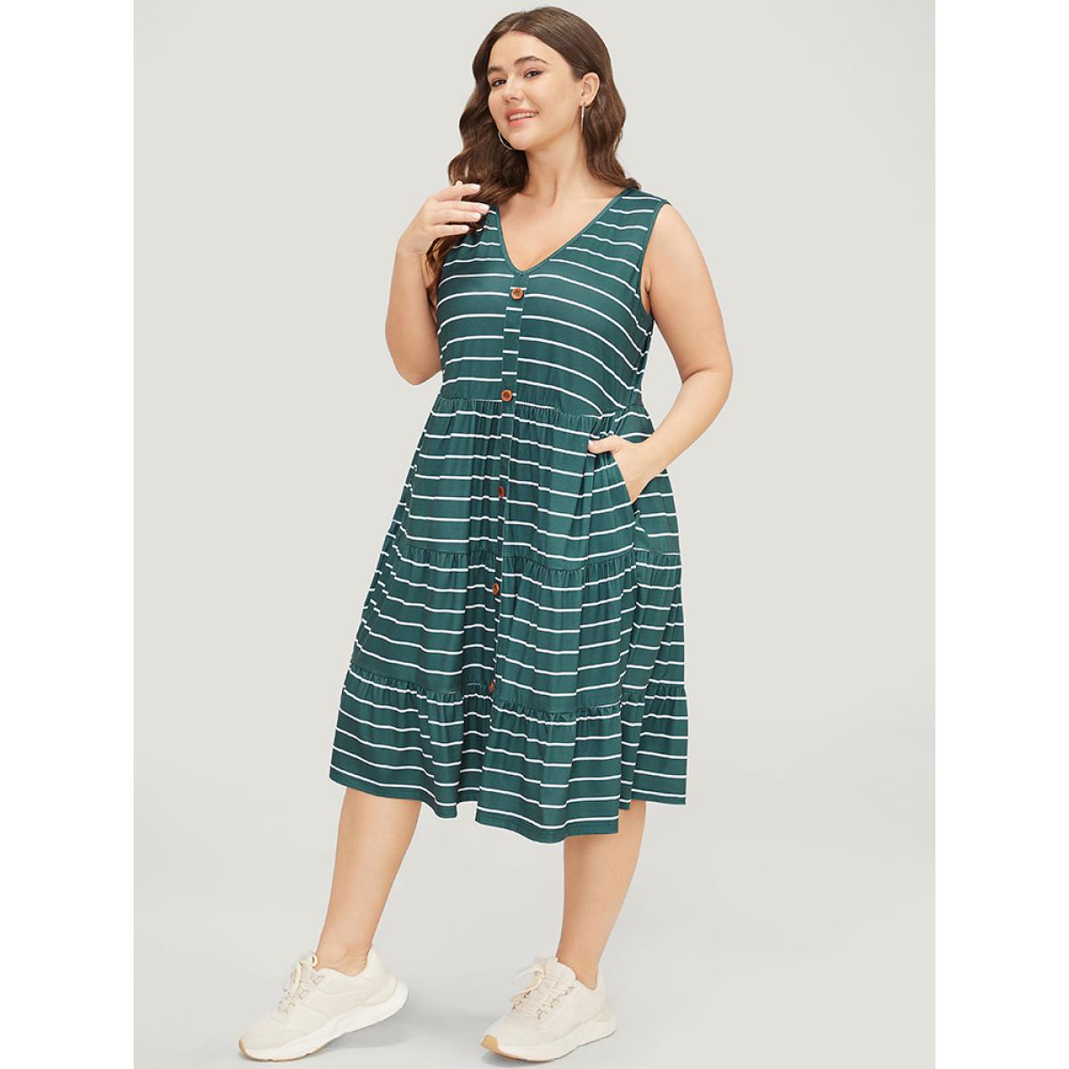 Plus Size Striped Print Button Detail Ruffle Tiered V Neck Tank Dress Cyan Women Casual Contrast V-neck Sleeveless Curvy Midi Dress BloomChic 30/6X Product Image