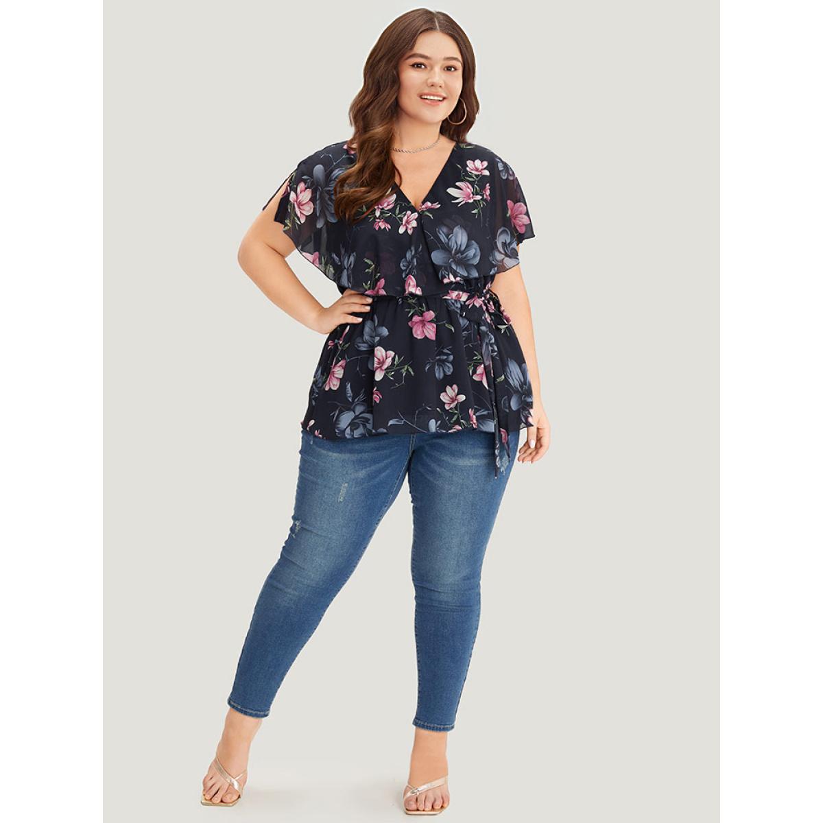 Plus Size Multicolor Floral Split Batwing Sleeve Wrap Mesh Belted Blouse Women Glamour Cap Sleeve Deep V-neck Going out Blouses BloomChic 28/5X Product Image