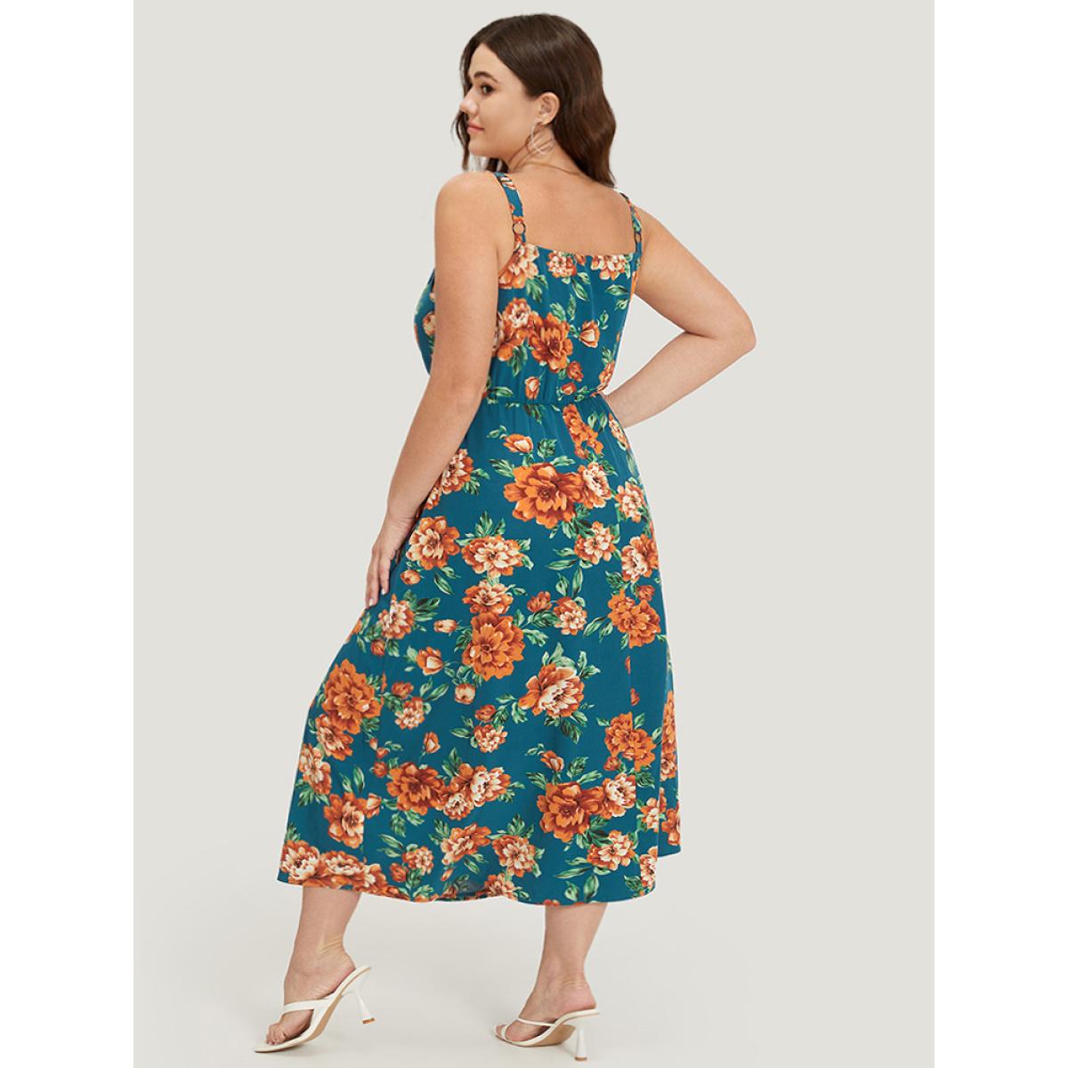 Plus Size Floral Print Cowl Neck Pocket Cami Dress Cyan Women Elegant Adjustable Straps Spaghetti Strap Sleeveless Curvy Midi Dress BloomChic 18-20/2X Product Image
