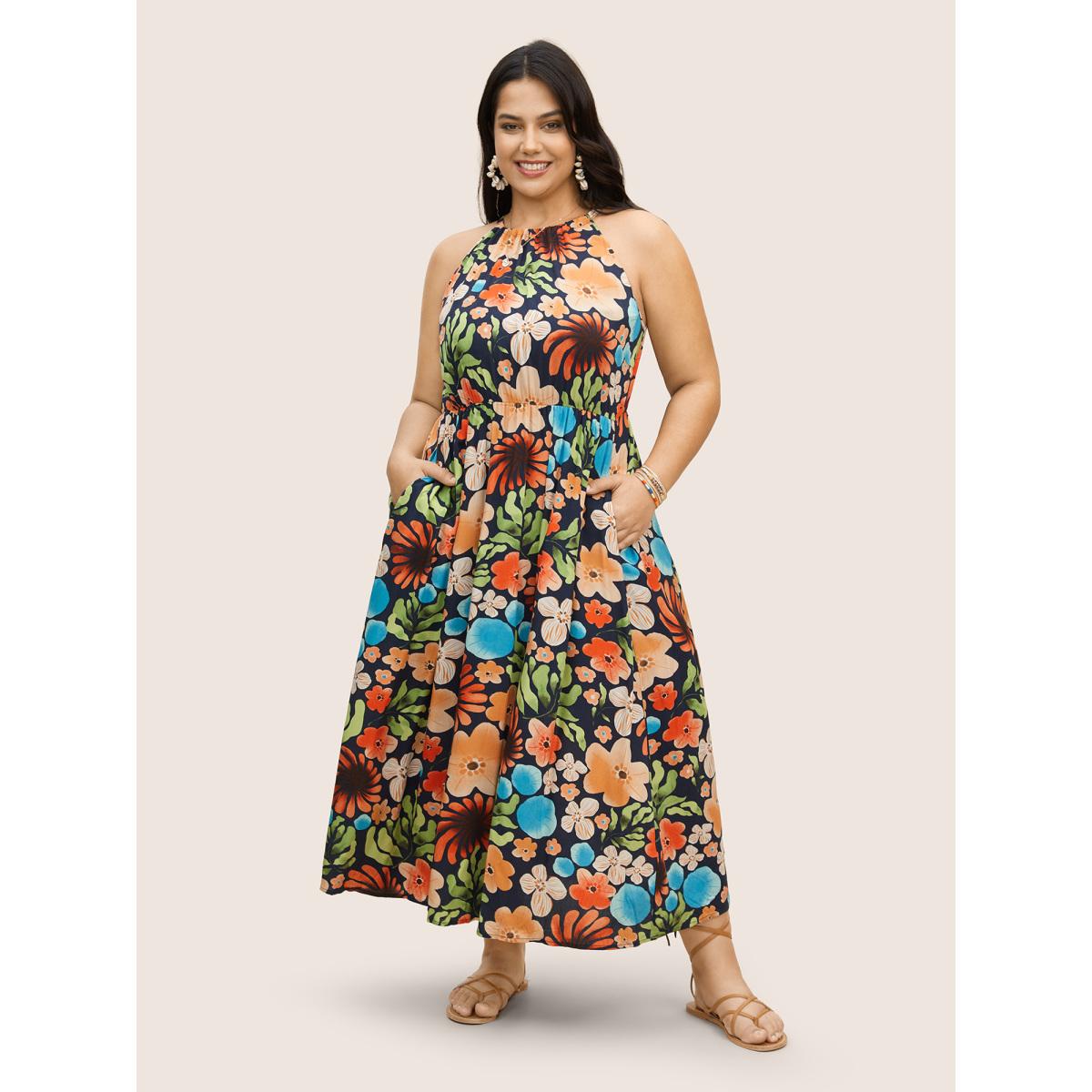 Plus Size Floral Printed Patchwork Side Seam Pocket Dress Indigo Women Resort Gathered Non Sleeveless Curvy BloomChic 26/4X Product Image