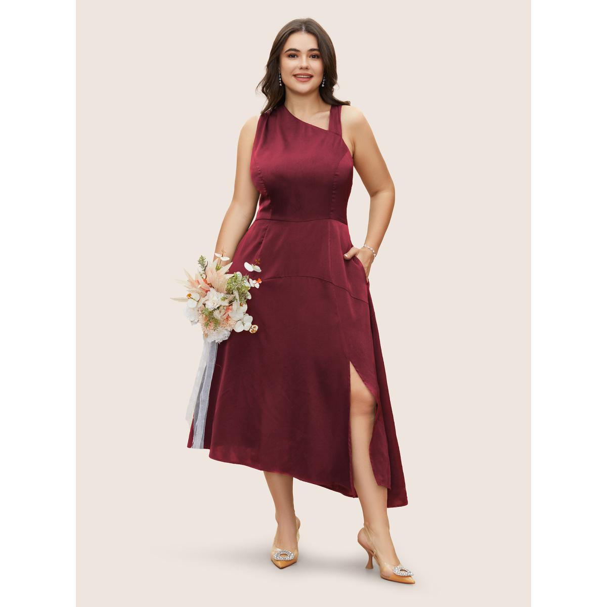 Plus Size Solid Asymmetrical Neck Split Hem Dress Scarlet Women Formal Asymmetrical Neck Sleeveless Curvy Midi Dress BloomChic 22-24/3X Product Image