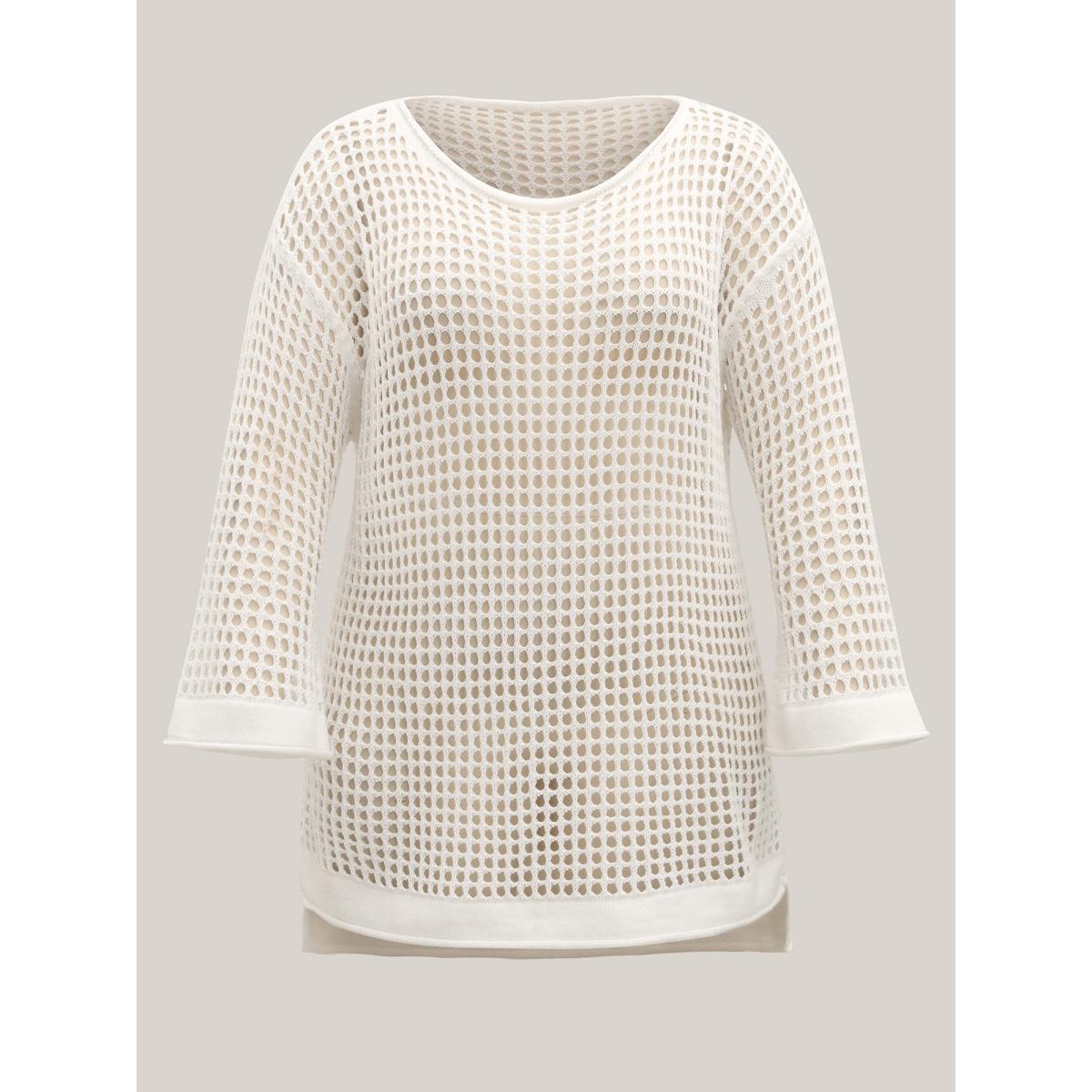 Plus Size Crochet Drop Shoulder Slit Swim Cover-Up Women's Swimwear Ivory Beach Loose Texture Curve Swim Cover Ups BloomChic 28/5X Product Image